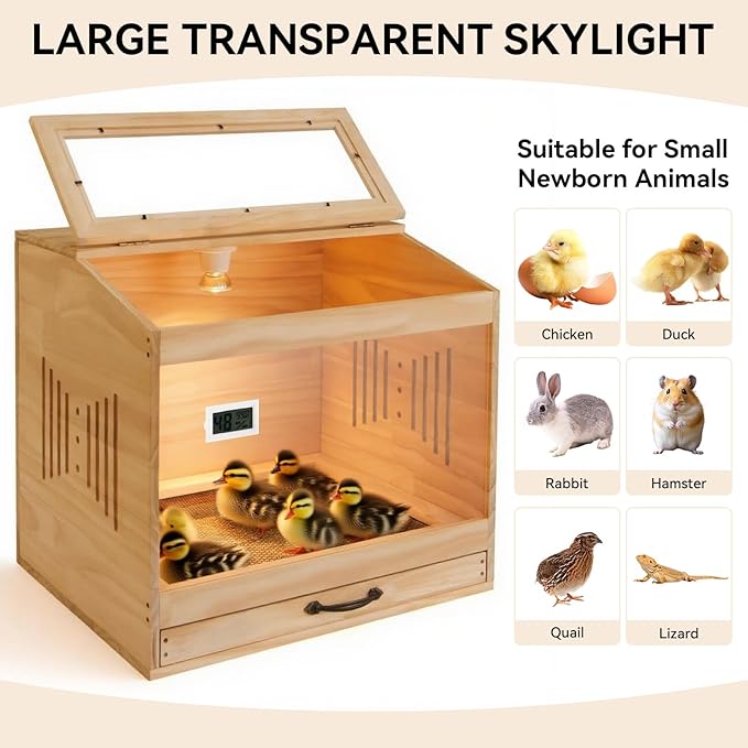 Brooder Box for Chicks with Heat Lamp Kit & Thermometer - Wooden Chicken Brooder for 12 Chicks Indoor/Outdoor - Baby Chicken Cage for Ducks, Quails, Hamsters, Lizards