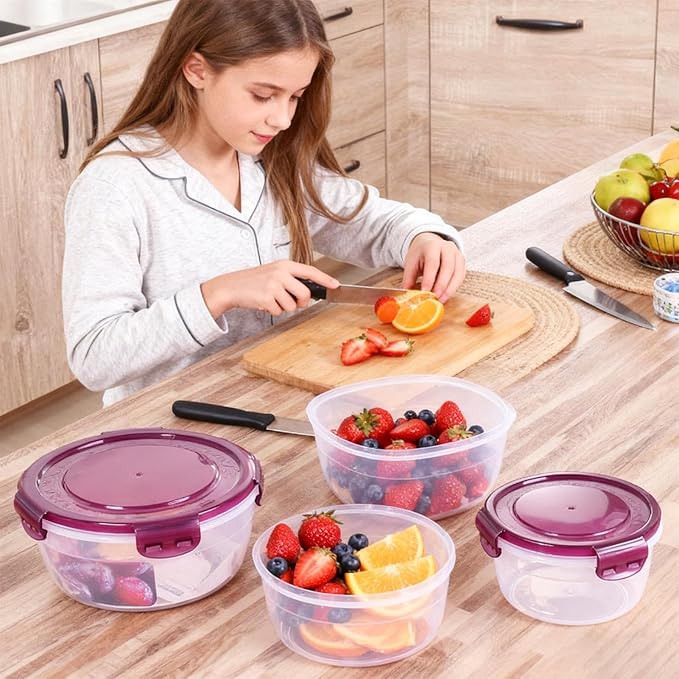 Food Storage Containers with Lids | Airtight Stackable Organizers - Round Leakproof Storage Container | for Fruits Breakfast Leftover Dry Goods Home Kitchen Fridge Pantry Office Picnic Baking