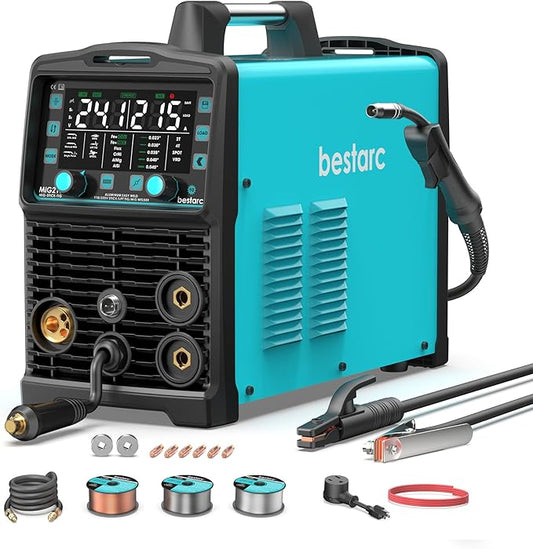 bestarc 215Amp MIG Welder, 110V 220V Gas MIG/Flux Core MIG/Stick/Lift TIG/Spool Gun/Spot Welding 6 IN 1 Aluminum Welding Machine, IGBT Multiprocess bestarc Welder with Synergy, Spool Gun Compatible
