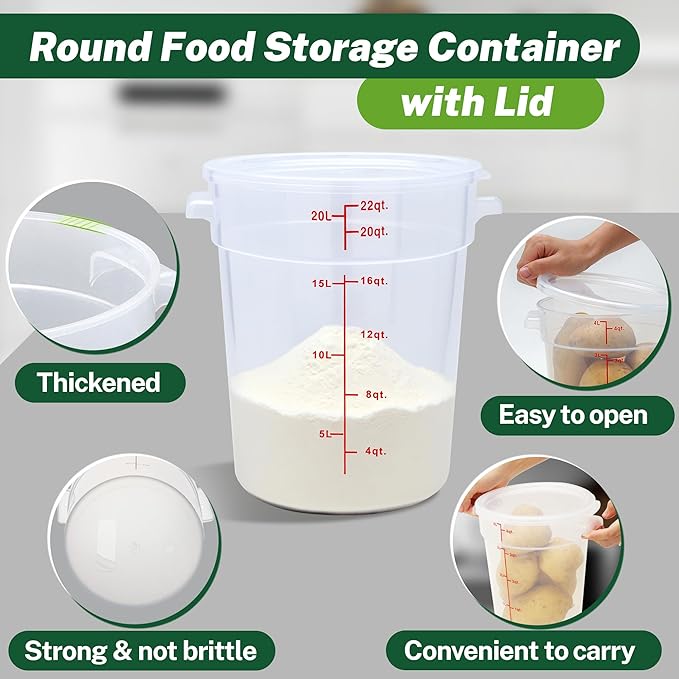 Round Food Storage Container with Lid, 22 Qt Translucent, Commercial 4 Pack of – NSF Listed, BPA-Free, Polypropylene, Non-Stick, Scale, with Labels & Measuring Cups