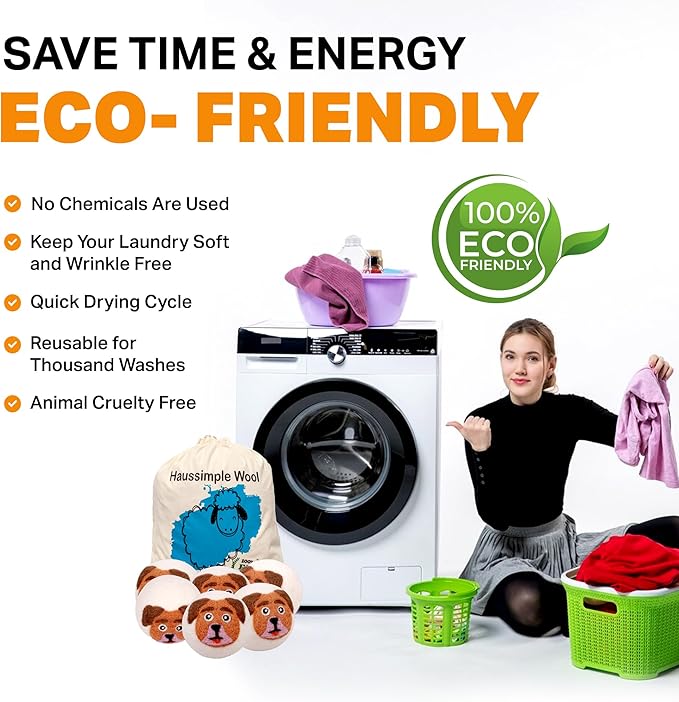 Wool Dryer Balls 6-Pack 100% Natural New Zealand Wool, Handmade in Nepal Reusable Laundry Balls, Faster Drying, Softer Clothes, Anti-Static, Dryer Sheets Alternative (Orange Dog)