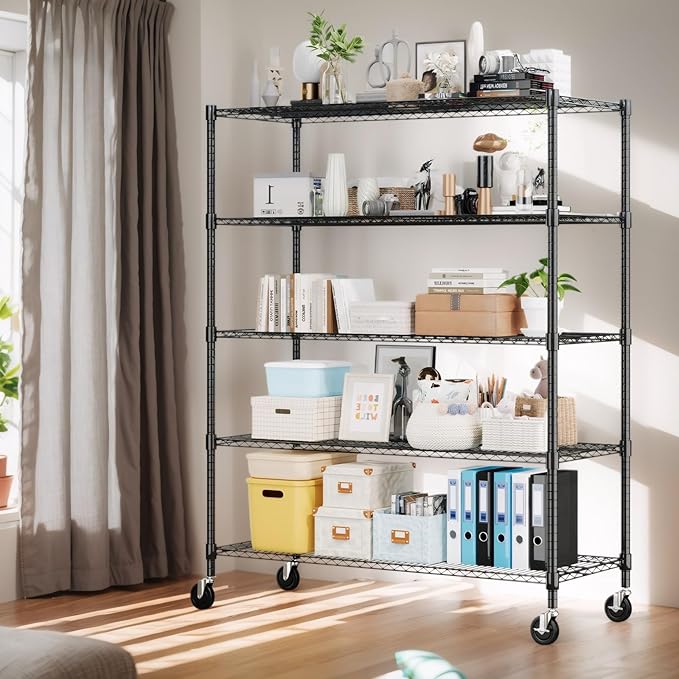 Himimi 82" H Storage Shelves 5 Tier Metal Shelving Adjustable Wire Shelf with Wheels, Heavy Duty Shelving for Garage Kitchen Pantry Bathroom Laundry,18" D*48" W*82" H, Black