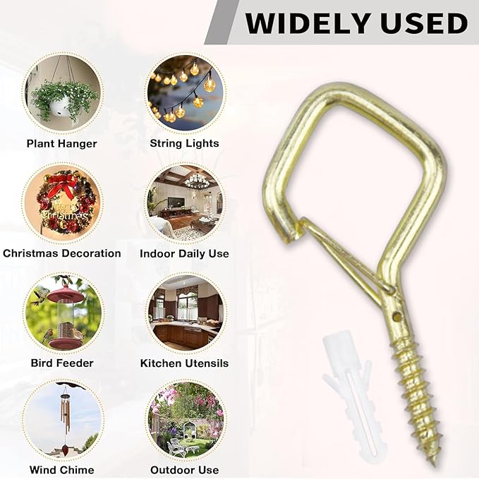 100 PCS Gold Eye Screw Hooks for Hanging Heavy Duty with Safety Buckle.Metal Ceiling Hooks for Hanging Plants Cup Wind Chime Bird Feeders Patio Lights at Indoor&Outdoor