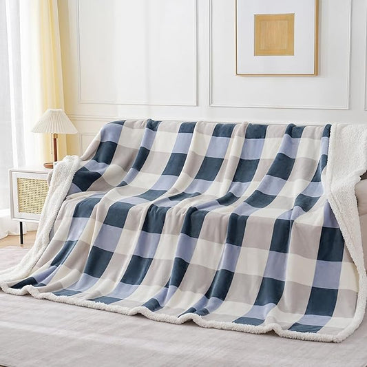PU MEI Sherpa Throw Blanket Reversible Large Big King Size Flannel Blankets for Bed, 108"*90",Grey Blue