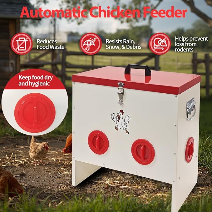 Metal Chicken Feeder 30-50 LBS Capacity, Automatic Poultry Feeder with 6 Ports, No-Waste Weather-Resistant Animal-Proof Gravity Feeder Outdoor Feed Bin for Chickens Ducks Geese Turkeys