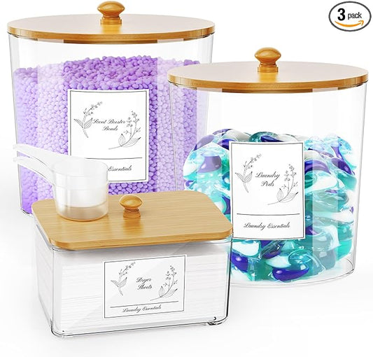 3 Pack Laundry Powder Container & Dryer Sheet Holder, Large Plastic Laundry Room Organization and Storage Jars with Lids, Labels & Scoops for Powder, Detergent, Scent Booster