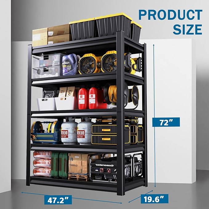 46''W/72''H Garage Shelving Heavy Duty 5-Tier Adjustable Storage Shelves Unit,3000 LBS Metal Utility Rack Shelf for Industries, Warehouses, Basement,Black (72''H x 46''W x 19.5''D)