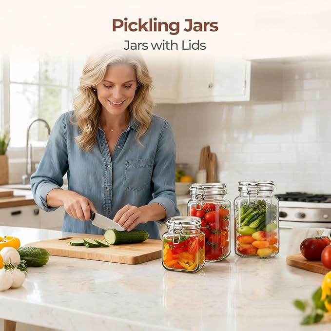 ComSaf Airtight Glass Canister Set of 3 with Lids 51oz Clear Food Storage Jars Square, Kitchen & Pantry Organization Food Storage Container for Canning, Sugar, Flour, Pasta, Candy, Cereal, Coffee