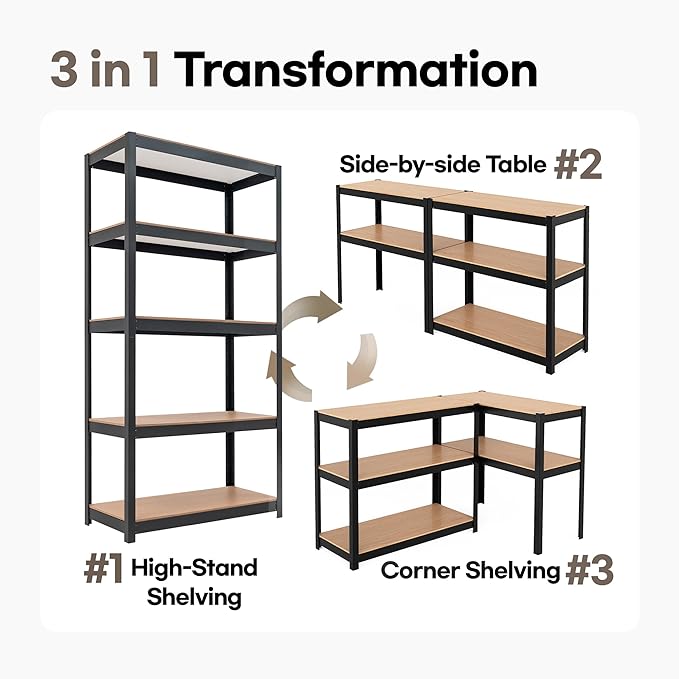 HOMEDANT House 5 Tier Laminated Metal Shelving Unit Adjustable Storage Utility Rack Heavy Duty Shelves Organization Multipurpose Shelf Kitchen Garage Pantry Closet (1, (M) 36.2" W, Black)