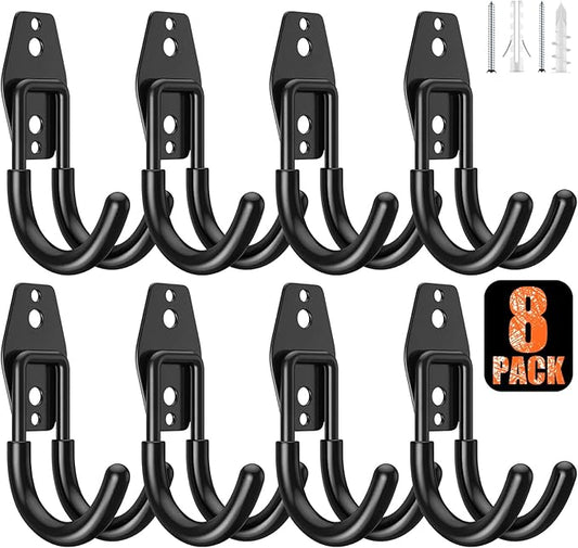 8 Pack 4.7x2.6 inch J Heavy Duty Garage Hooks,Solid Steel Wall Mount Hangers,with Anti-Slip Coating,for Hanging and Organising Ladder,Bike,Ropes,Broom,Garden,Yard and Power Tools