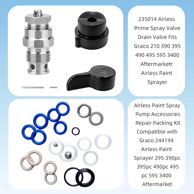 244194 and 235014 Repair Kit Fits for Graco Airless Sprayers Compatible with 210 230 390 395 490 495 595 3400 Models Includes Spray Valve Drain Valve