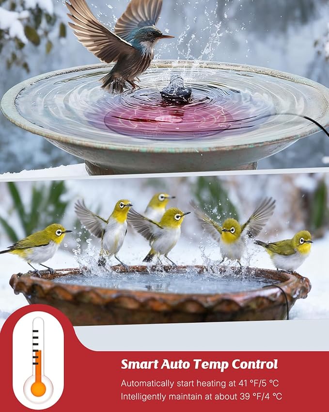 Pawfly 60 W Bird Bath Heater with Thermostat, 9.5 Inch Bird Bath De-Icer, Submersible Birdbath Deicer, Chicken Water Heater for Outdoors in Winter, Winter Water Heater for Wildlife Livestock Poultry