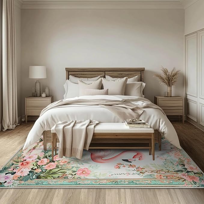 4x6 Flamingo Area Rugs Boho Floral Tropical Botanical Rug for Living Room Indoor Soft Non-Slip Thin Large Carpet Flower Rugs for Bedroom Home Decor Under Table Washable Machine