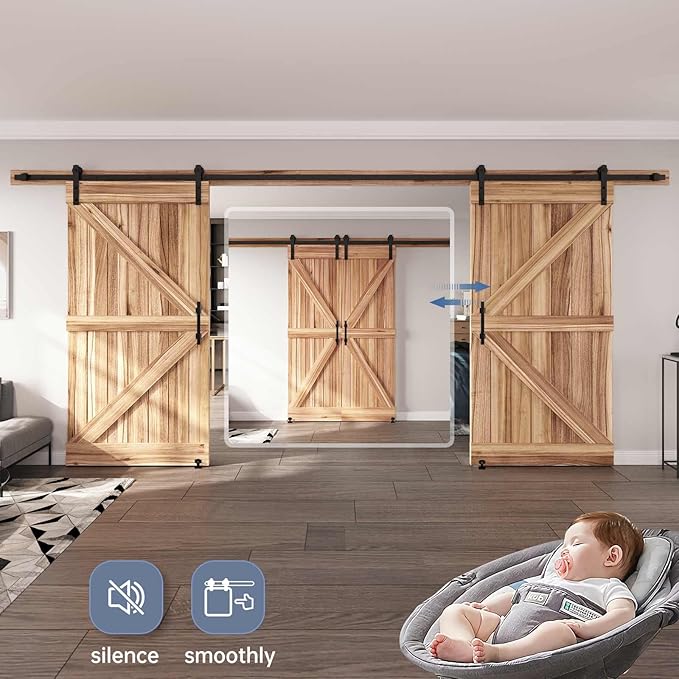 EaseLife 14 FT Double Sliding Barn Door Track and Handle Hardware Kit,Straight Pulley,Slide Smoothly Quietly,Easy Install (14FT Track Kit for 40"~42" Wide Double Door)