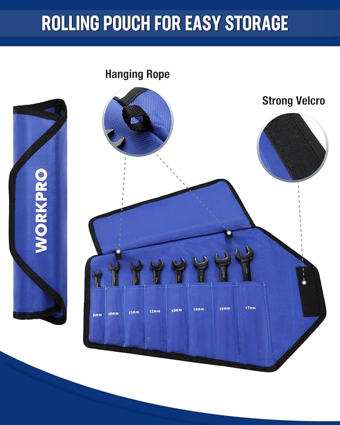 WORKPRO Ratcheting Combination Wrench Set, 8-piece Flex-Head Anti-Slip Set Metric 8-17 mm, 72-Teeth, Cr-V Constructed, Black Electrophoretic Coating with Rolling Pouch