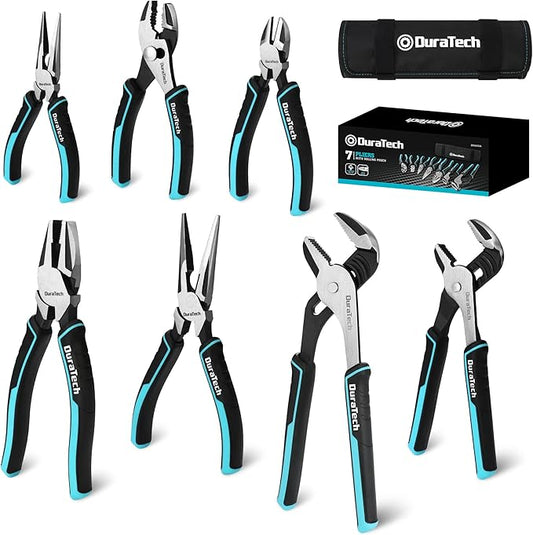 DURATECH 7-Piece Pliers Set with Rolling Pouch, Premium Cr-Ni Construction (10", 8" Groove Joint Pliers, 8", 6" Long Needle Nose, 8" Linesman, 6" Slip Joint, 6" Diagonal) for Basic Repair