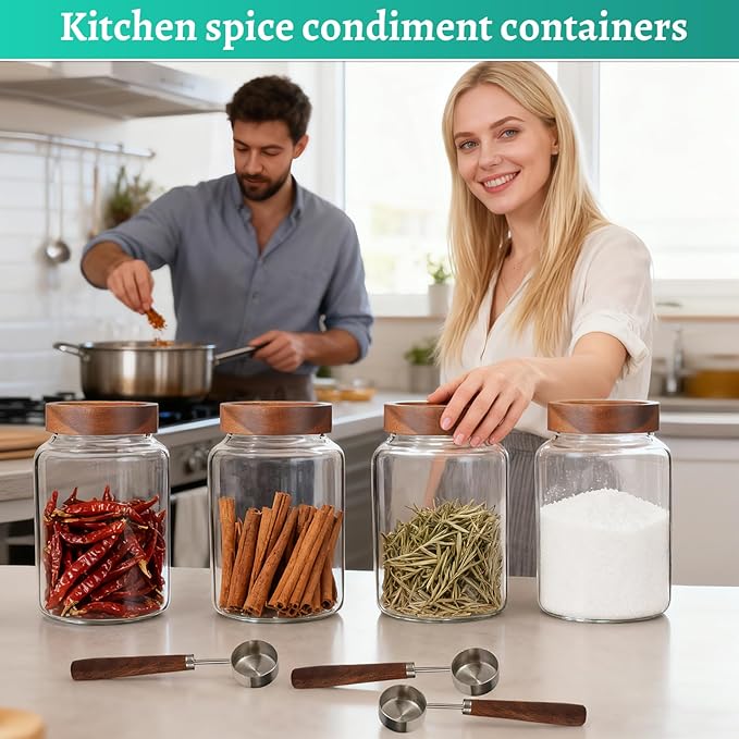 Glass Coffee Jars Spice Jar Round Storage Canister with Wooden Lid Clear Glass Food Jar for Pantry Sugar Tea Coffee Bean Spice Nuts Cookies Bath Salts (1800ml/60oz-2PACK（with spoon)