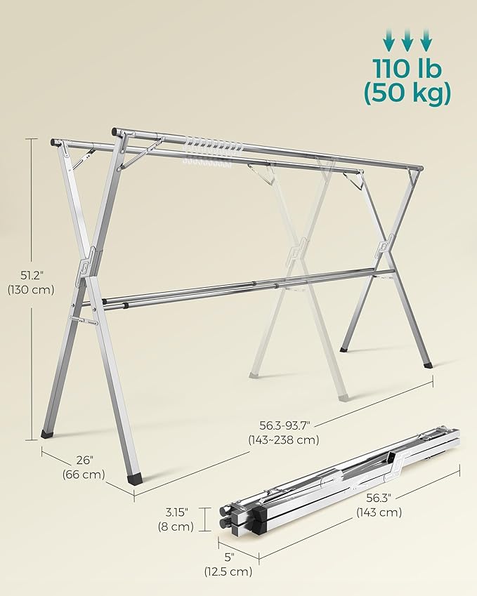SONGMICS Clothes Drying Rack, Heavy-Duty Laundry Drying Rack, 56.3-93.7 Inches Extendable, Foldable Freestanding Airer, Stainless Steel, for Indoor Outdoor Use, Dove Gray ULLR903E01