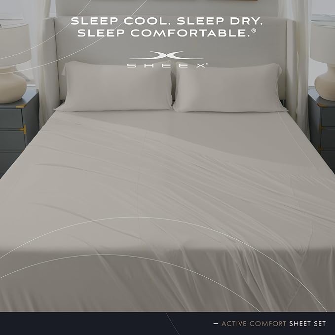SHEEX - Active Comfort Cooling Sheets Set (Queen) Parchment - Moisture Wicking - 1 Flat Cooling Sheet, 1 Fitted Cooling Sheet, 2 Cooling Pillow Covers - Wrinkle Free - Sleep Aid