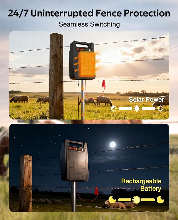 10 Miles Solar Electric Fence Charger: 0.20J Portable Energizer with Rechargeable Solar Panel for Livestock, Predator Protection, Solar Fence Charger with Day or Night Mode, Easy Installation