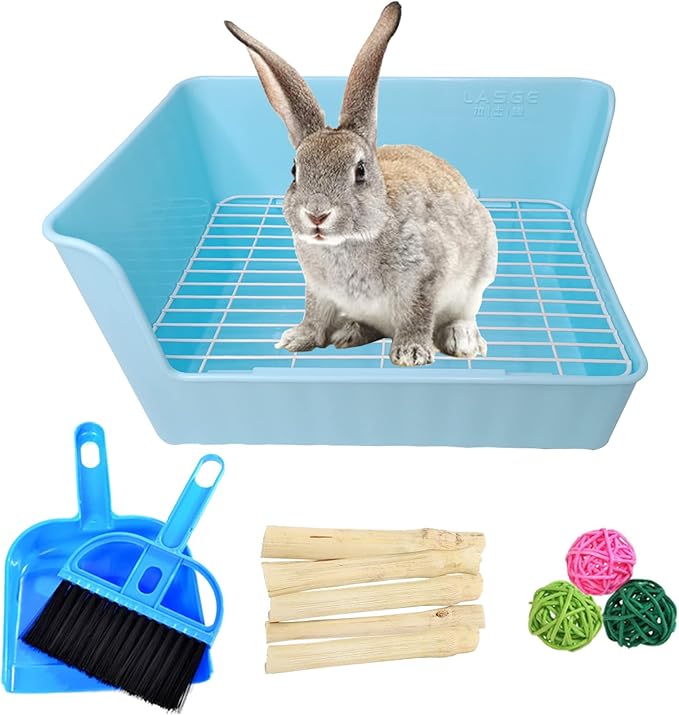 Hamiledyi Rabbit Litter Box Toilet, Pets Plastic Square Rabbit Cage Potty Trainer Corner with Small Animal Cage Clean Broom Molar Sweet Bamboo for Bunny Chinchillas Guinea Pigs (Blue)
