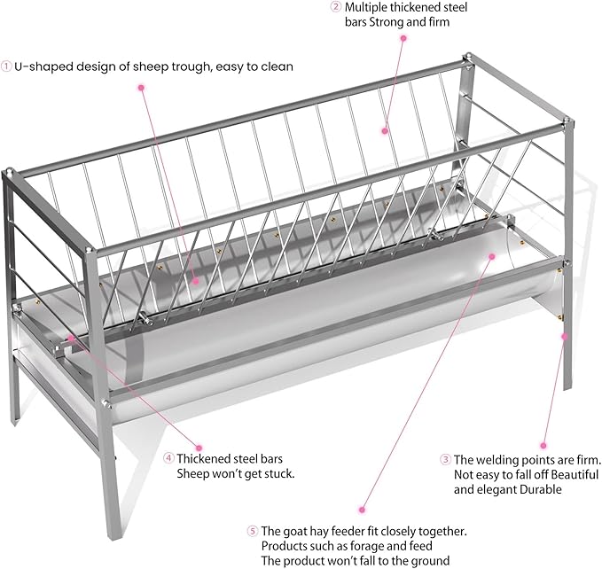 92 Gallon Goat Hay Feeder, 33.4" Height 60" Length Goat Feeder, Hay Rack Galvanized Steel Hay and Grain in One, Ease of Assembly, Hand-Powered Feeding Station for Goats, Sheep, Horses, Silver