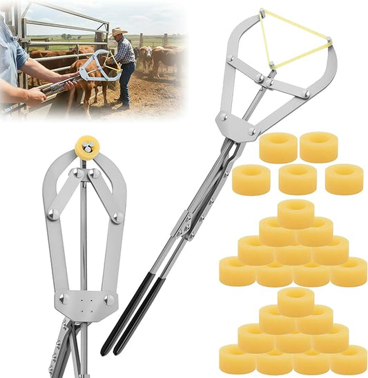 25 Elastrator Bands with Extra Large Stainless Steel Banding Tool Bander Livestock Management Fits Bull,Calves, Goats, Sheep, Easy Application