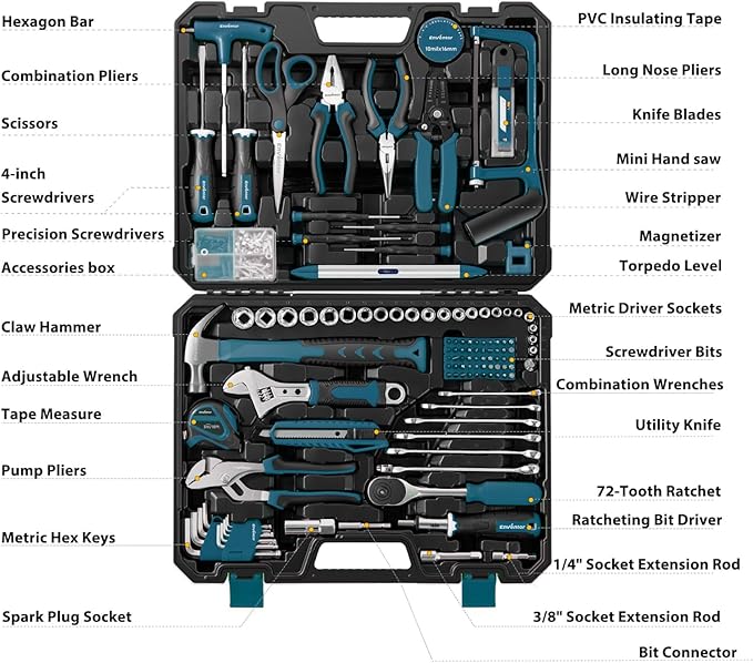 Enventor Tool Set, 220-Piece Home Tool Kit with Toolbox, Wrench and Hand Tools for Home Repairs, Auto Maintenance, DIY & General Use,Household Repair Tools for Men & Women, Blue