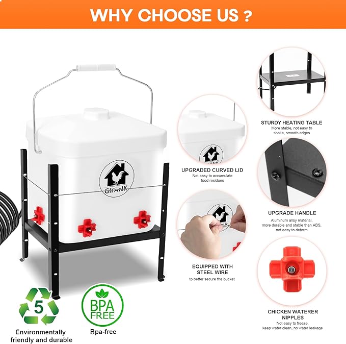 Heated Chicken Waterer for Winter Automatic Heated Chicken Waterer Adsjustable Height Poultry Drinker Heater Anti-Freezing Watering System for Chicken Coop Accessories ABS 3Gallon