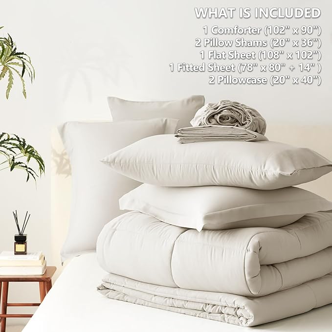 CozyLux King Size Comforter Set Beige - 7 Pieces Bed in a Bag King, Okeo-Tex Certifited Bedding Set, All Season Soft Bed Set with Down Alternative Comforter, Sheets, Pillowcases & Pillow Shams