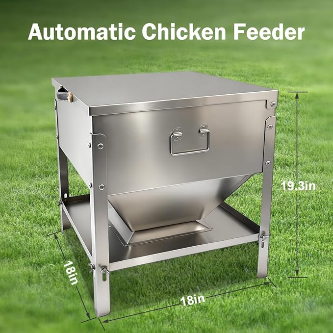 Stainless Steel Chicken Feeder No Waste, Large Capacity Poultry Feeder, Adjustable Metal Chicken Coop Feeder with Lid and Handle