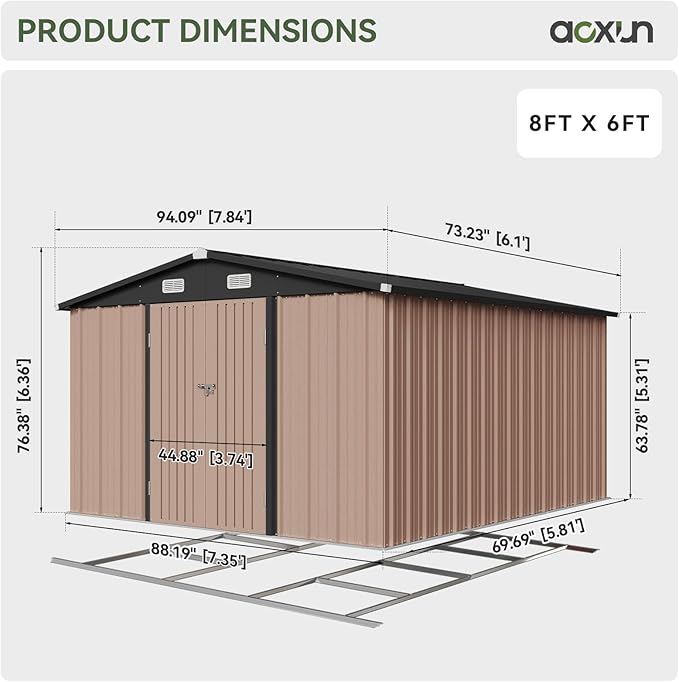 Aoxun 8x6 FT Outdoor Storage Shed with Base Garden Metal Shed with Lockable Door Outdoor Large Shed for Tool, Garbage Can, Bike, Mower, Brown