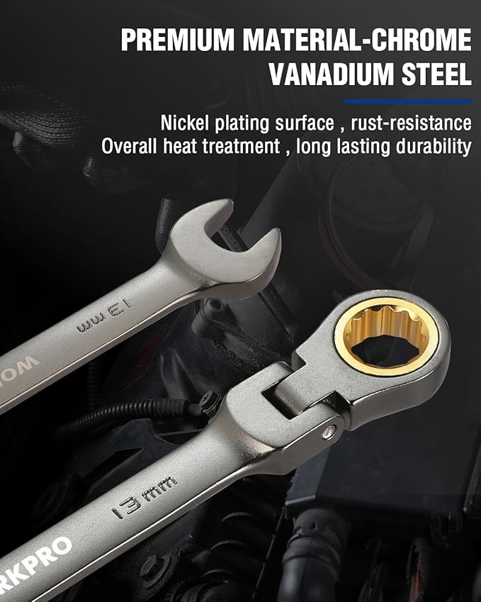 WORKPRO 13 mm Flex-Head Ratcheting Combination Wrench, Cr-V Constructed, Nickel Plating, 72-Teeth, 12 Point Design, Metric