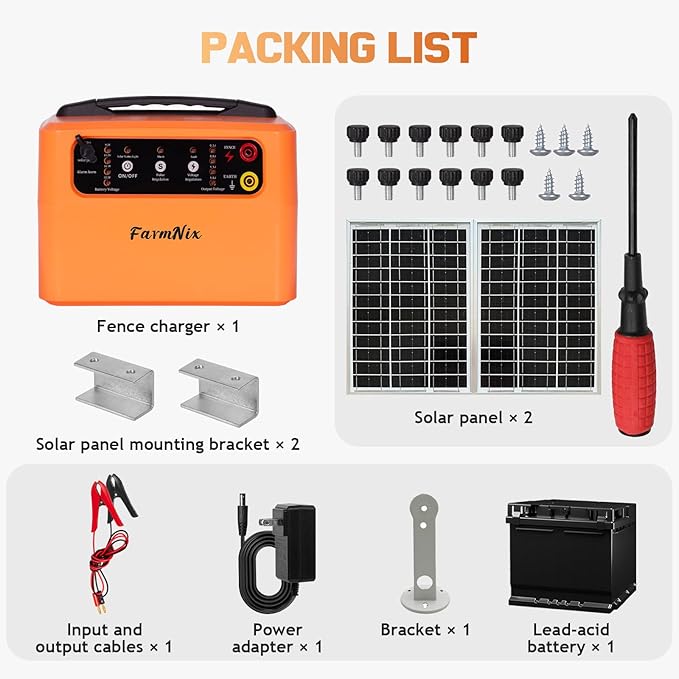 30 Miles Solar Electric Fence Charger with 15W Solar Panel,4 Gears Adjustable Output Power:0.3J,0.8J,1.1J,1.5J,24-Hour Protect Electric Fence for Livestock,Sheep,Horses,Cattle