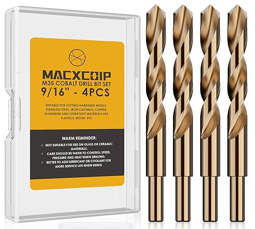 9/16" (4pcs) Cobalt Drill Bit Set, M35 High Speed Steel Jobber Length Drill Bit Kit for Hardened Metal, Stainless Steel, Cast Iron, Wood and Plastic, with Index Storage Case