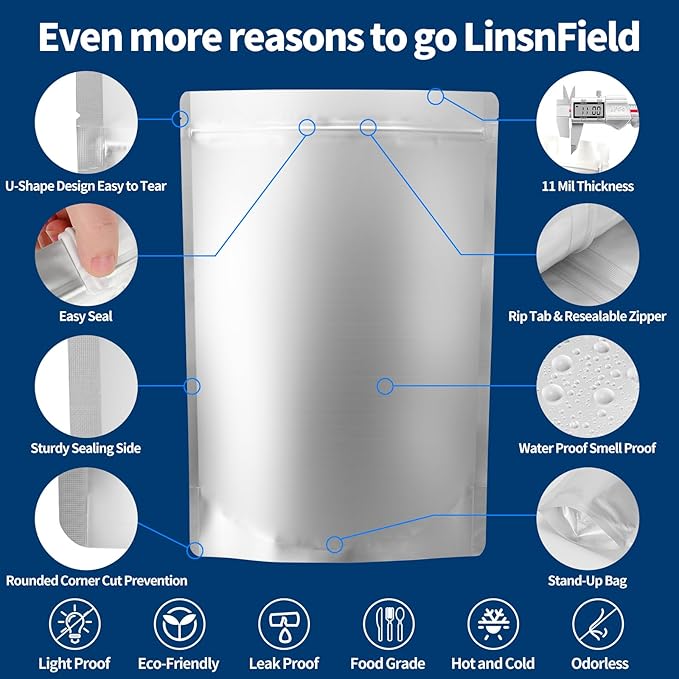 120PCS Mylar Bag Bundle, 4 Multi-Size Pouches(11Mil), 100x500cc Oxygen Absorbers, 120 Labels, Heat Sealable, Food Safe, BPA-Free – for Strong, Secure Long Term Food Storage, Silver