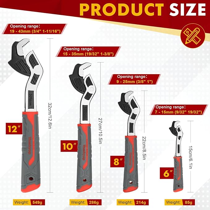 4 Pcs Self-Locking Pipe Wrench Tool, 6" 8" 10" 12", Multifunctional, Non-Slip Handle, Ratchet, Chrome Vanadium Alloy Steel, Universal Adjustable Wrench