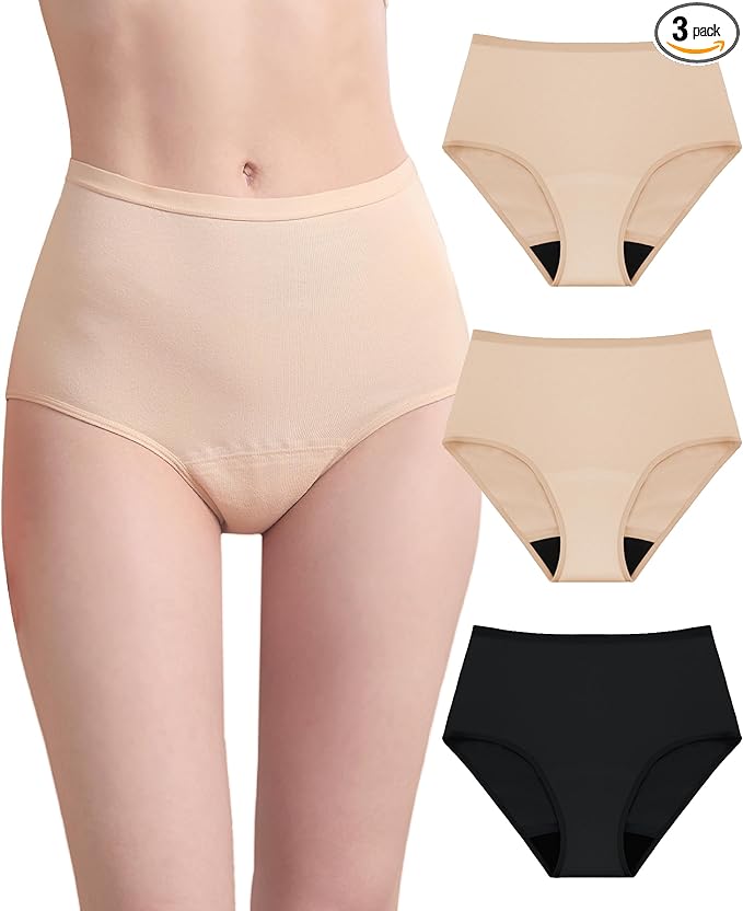 Womens Washable Incontinence Underwear Bladder Leak Proof Odor Control Briefs 56 ml Absorbency Panties 3 Pack (Skin-Skin-Black, XL)
