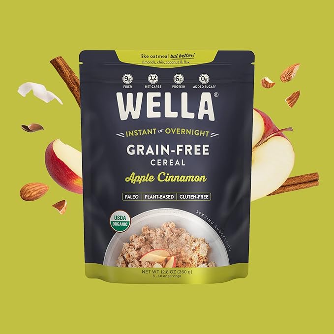 Wella Cereal Oatmeal Alternative, Gluten-Free Breakfast Hot Cereal, Grain-Free Paleo Organic Vegan High Protein Superfood, Plant-Based Non-GMO, Low in Net Carbs, Multi-Serve Bag, Apple Cinnamon Flavor (1 Count, 12.8 oz. Bag)