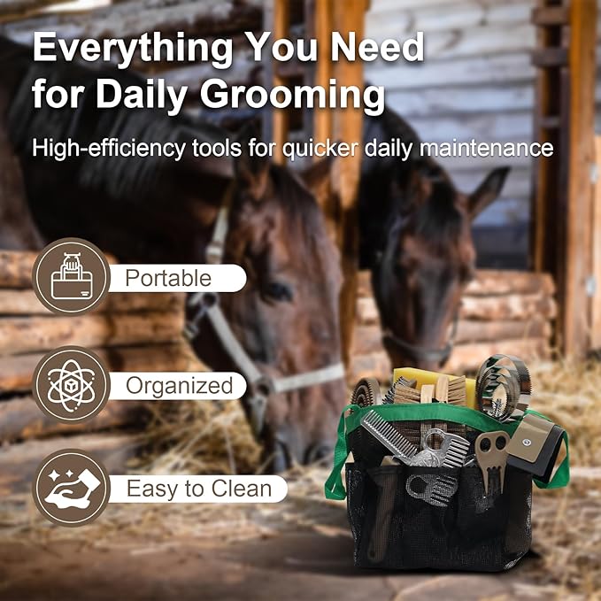 Swess Horse Grooming Kit 14 Piece, Horse Brushes Set for Grooming & Bathing Supplies, Professional Horse Supplies with Mane & Tail Comb, Curry Comb, Hoof Pick, Gloves & Mesh Tote Bag for Equine Care