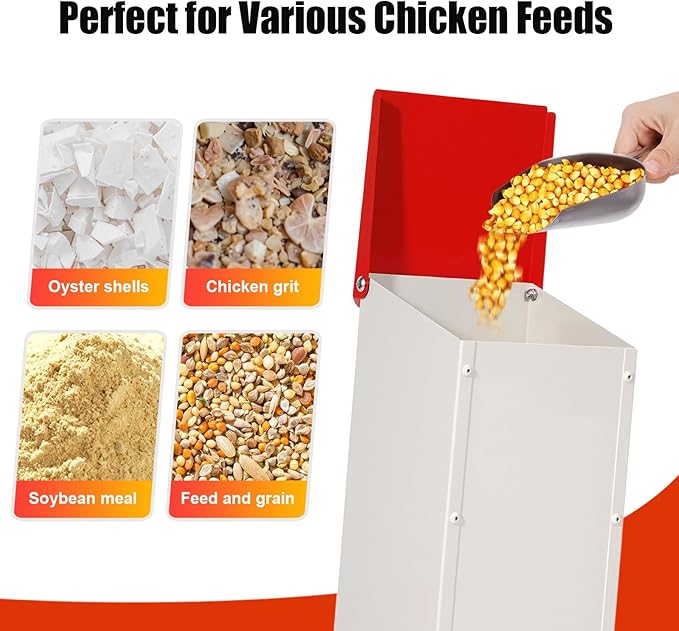 Metal Chicken Feeder No Waste Oyster Shell Feeder 8lbs Hanging Poultry Feeder Automatic Gravity Chicken Food Dispenser with a Lockable Rain Cover