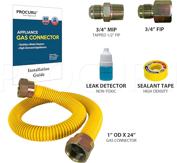 PROCURU 1" OD x 24" (2Ft) x 3/4"MIP x 3/4"FIP Universal Flexible Gas Connector, With/Without Service Valves, WP MaxFlow High Capacity Stainless Steel Tubing for Tankless Water Heater (Blue-A1 Series)