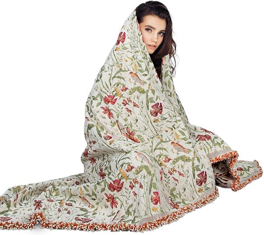 MACEVIA Boho Throw Blanket for Bed, Cardinal Bird Floral Throw Blanket, Floral Woven Boho Blankets and Throws with Tassel for Couch Sofa, All Season Cottagecore Decor Blanket (Cardinal 50"×70")