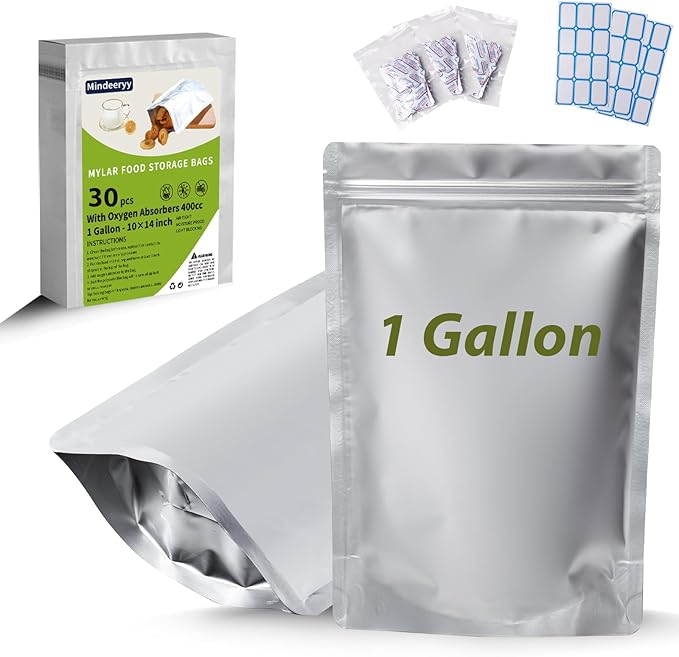 30pcs 1 Gallon Mylar Bags for Food Storage with Oxygen Absorbers 400cc and Labels, Extra Thick 10 Mil - 10x14 Inch Zipper Pouches Resealable for Long Term Food Container Sets - Heat Sealable