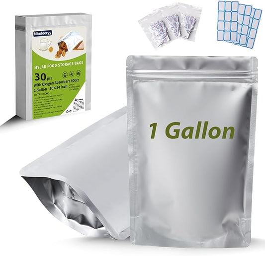 30pcs 1 Gallon Mylar Bags for Food Storage with Oxygen Absorbers 400cc and Labels, Extra Thick 10 Mil - 10x14 Inch Zipper Pouches Resealable for Long Term Food Container Sets - Heat Sealable