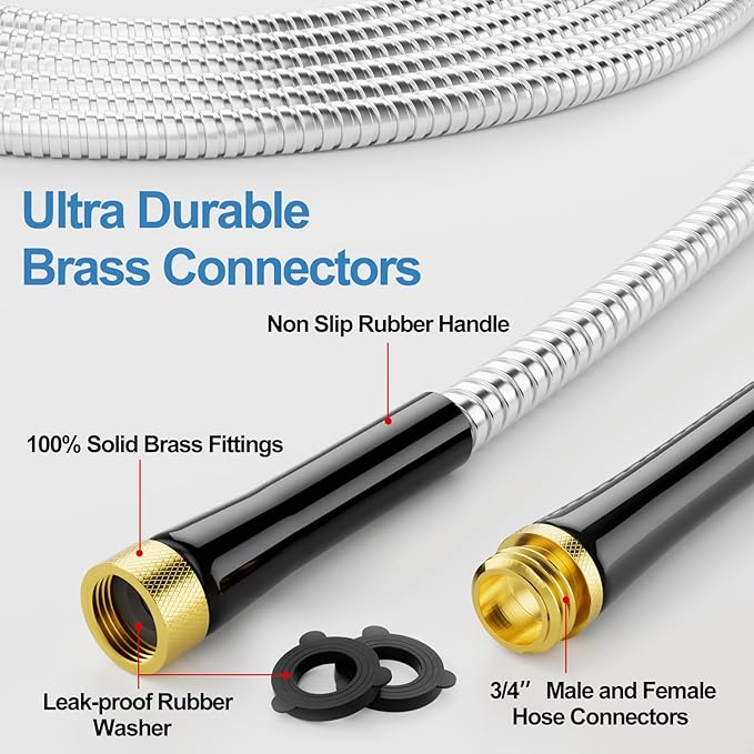 SPECILITE 75 FT Garden Hose, 304 Stainless Steel Metal Heavy Duty Flexible Water Pipe, Kink Free, Durable, Lightweight for Yard, Outdoor with Rubber Grip