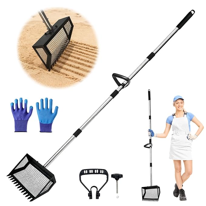 2-in-1 Chicken Poop Scooper & Rake,Chicken Coop Scoop with 304 Stainless Steel Shovel Head, Sand Sifting Litter Shovel (37 to 78")