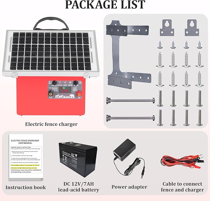 9.5KV Adjustable Output,0.5 Joules Energy Output7.5W Solar Panel, 24H/14D Uninterrupted Power Solar Electric Fence Charger for Livestock,20 Miles Protection Range