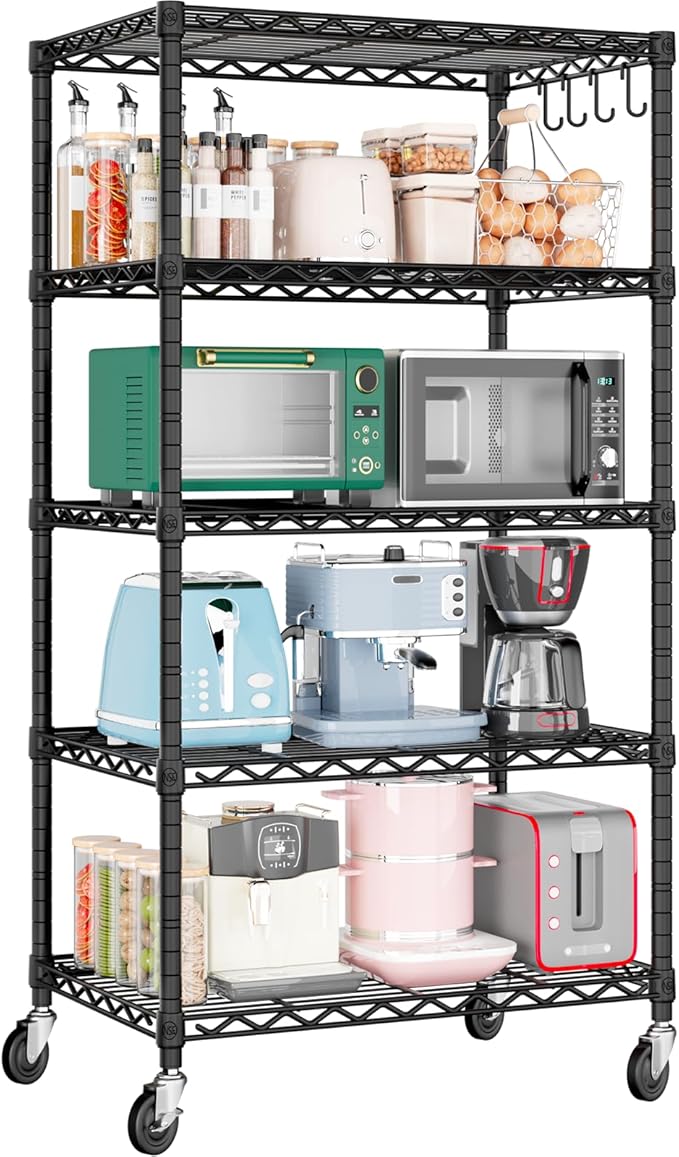 PrimeZone Wire Shelving Unit with Wheels, 5 Tier Adjustable NSF Certified Heavy Duty Metal Storage Shelves, Pantry Organizer Rack Rolling Kitchen Shelf for Closet Garage, 24" W x 18" D x 75" H, Black