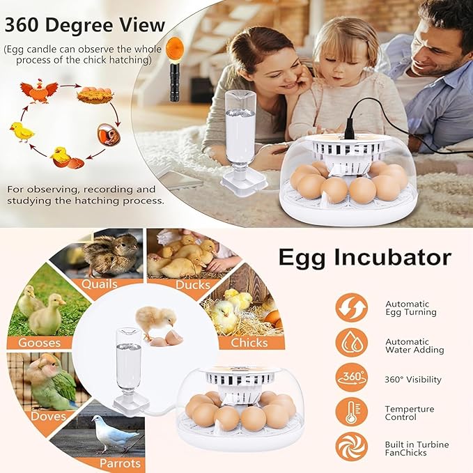 Incubators for Hatching Eggs, 12 Egg Incubator with Automatic Turning and Temperature Control, Automatic Water Adding, LED Egg Candler, for Hatching Chickens, Duck, Quail, Goose Eggs